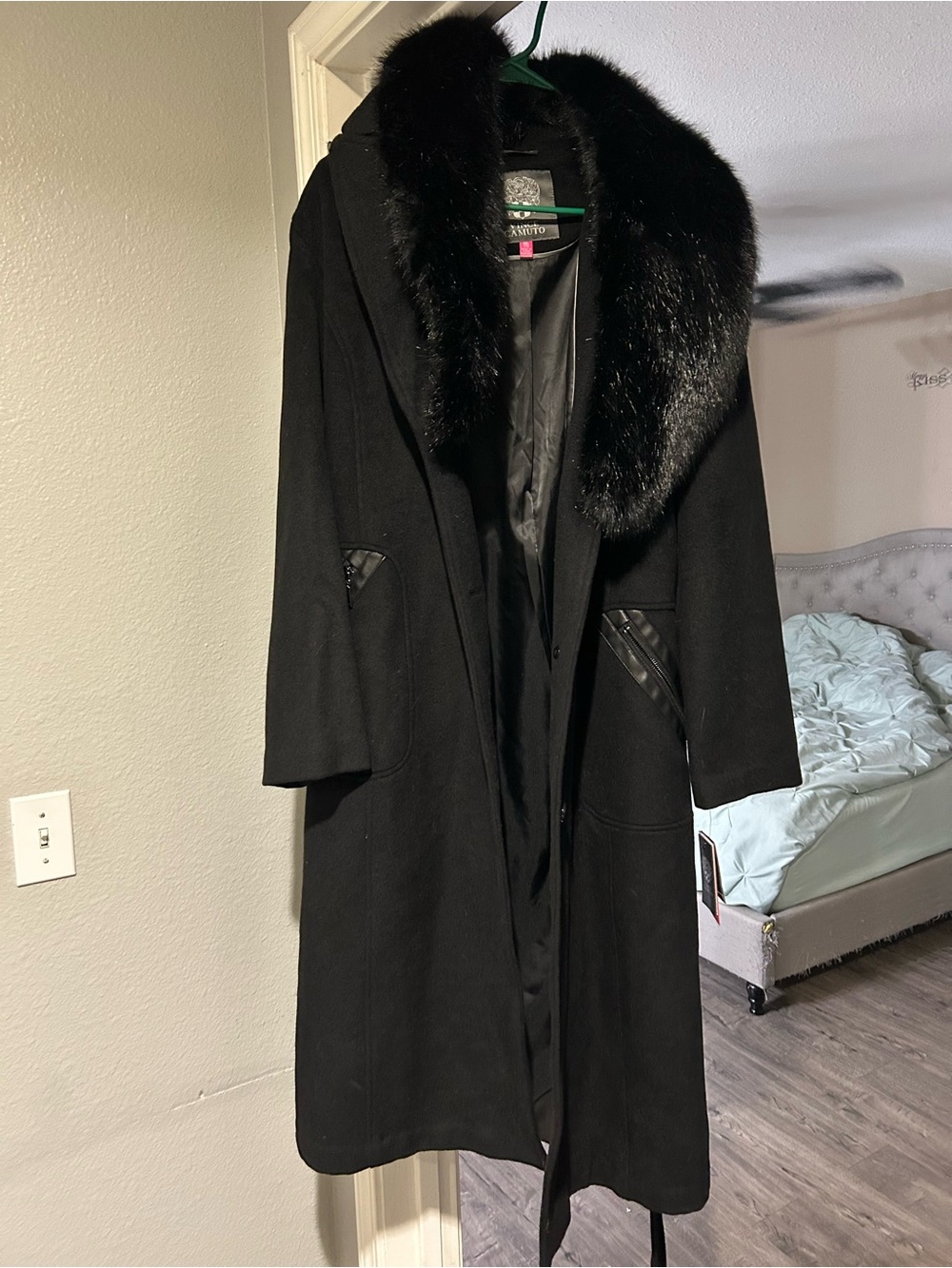 Vince Camuto Black Wool Trench Coat with Faux Fur Collar